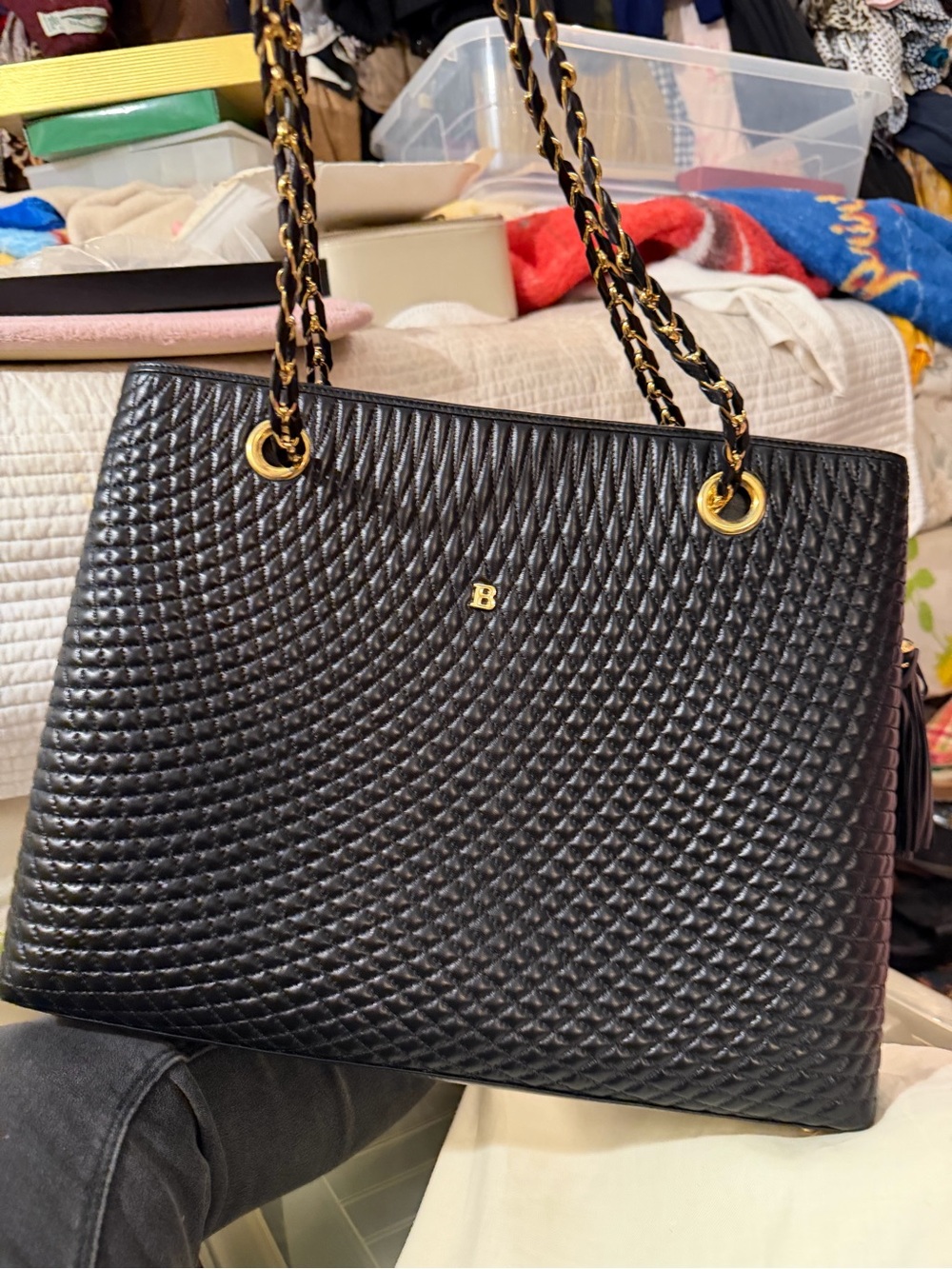 Vintage Bally Black Quilted Tote Bag with Chain Handles